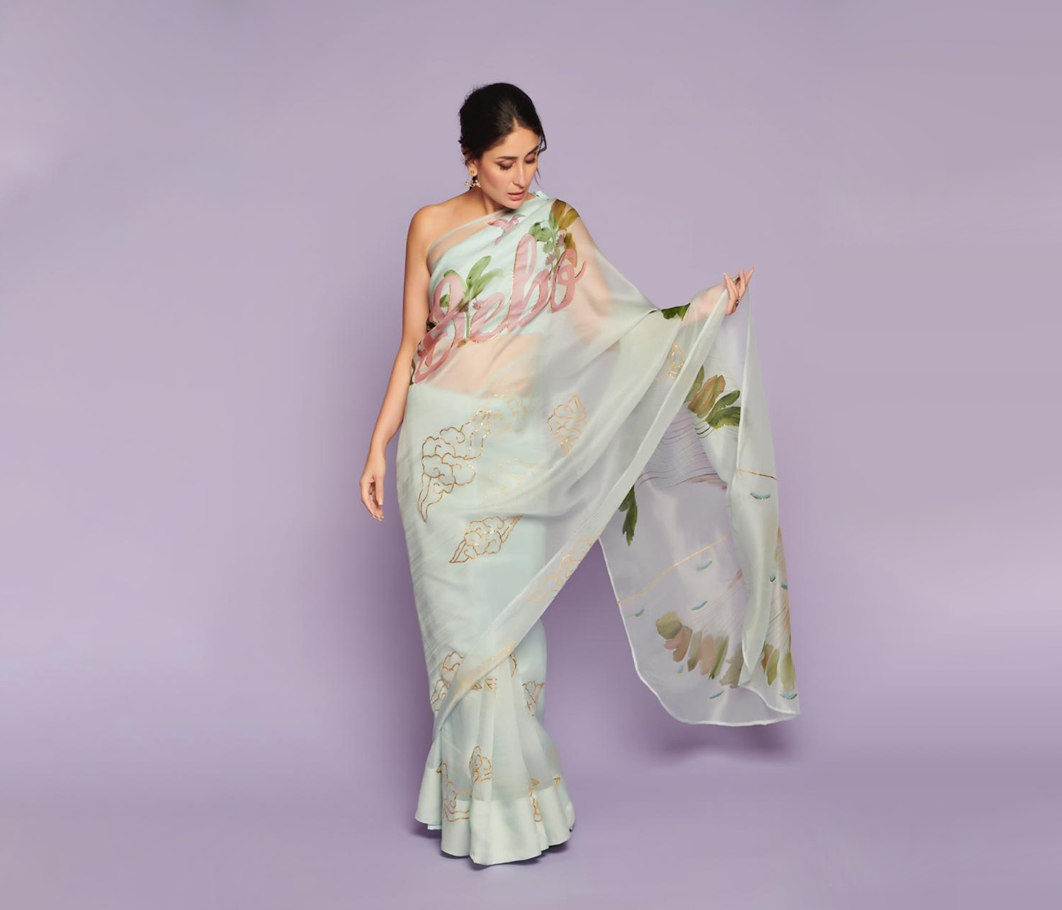 Hand Painted Pastel Mint Organza Bebo Name saree